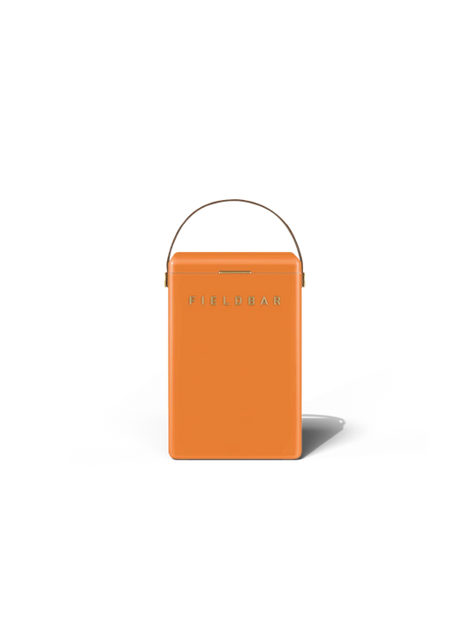 Orange cooler box with a handle on a white background