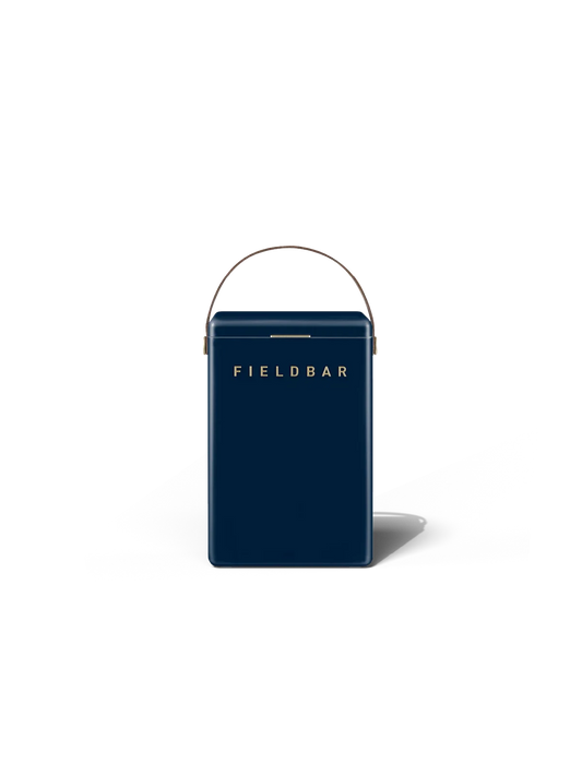 Navy blue cooler with 'FIELDBAR' branding on a white background