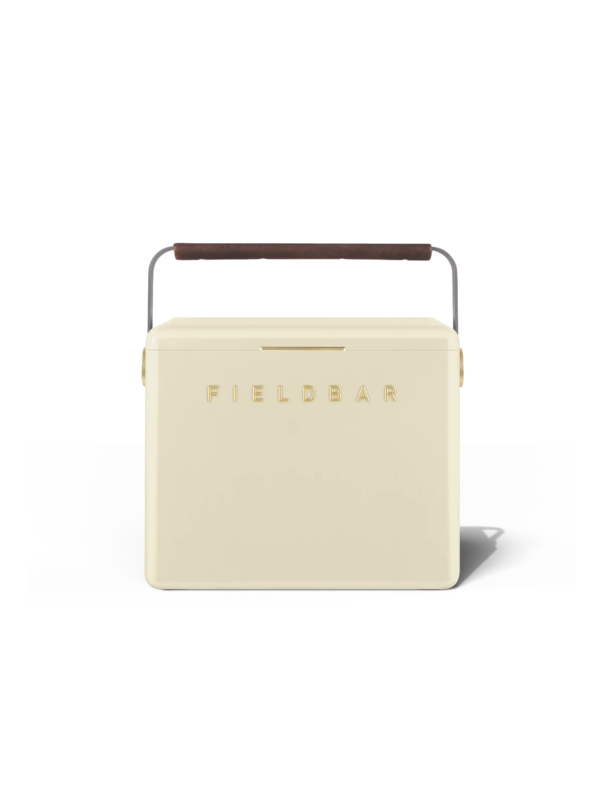 large cream white cooler with a brown handle on a white background