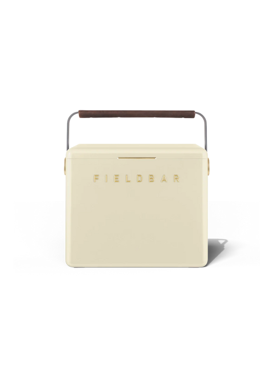 large cream white cooler with a brown handle on a white background