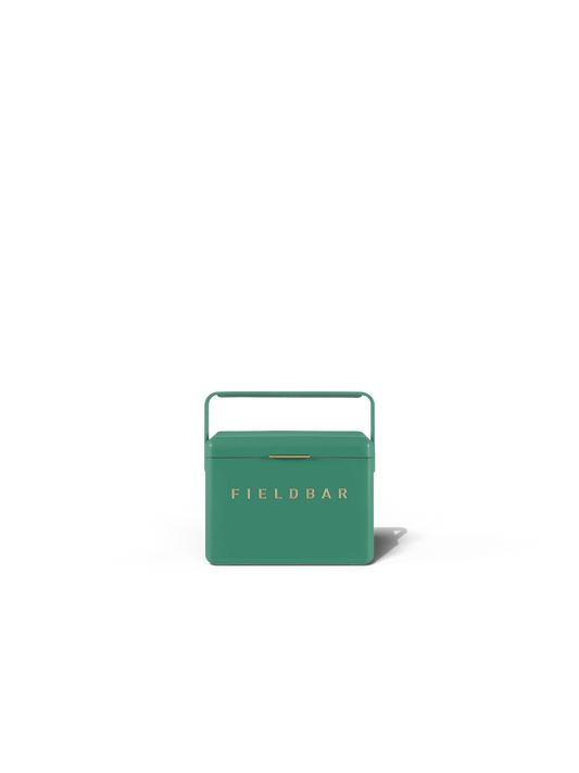 Green cooler box with 'FIELDBAR' branding on a white background