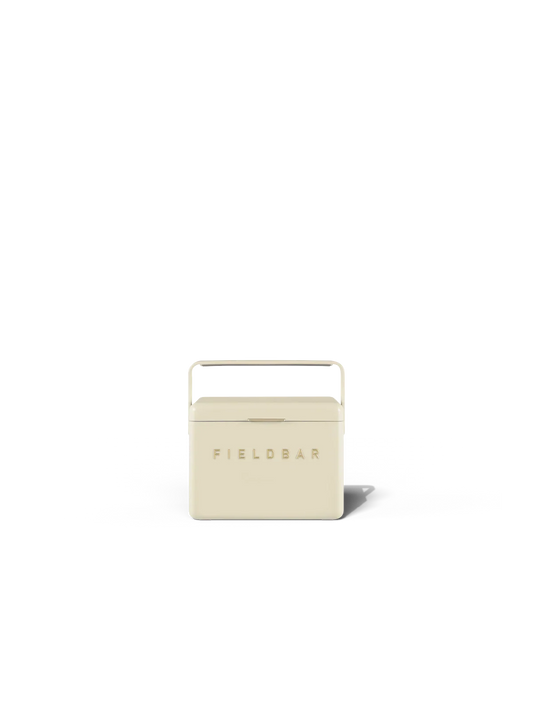 Beige cooler box with 'FIELDBAR' branding on a white background