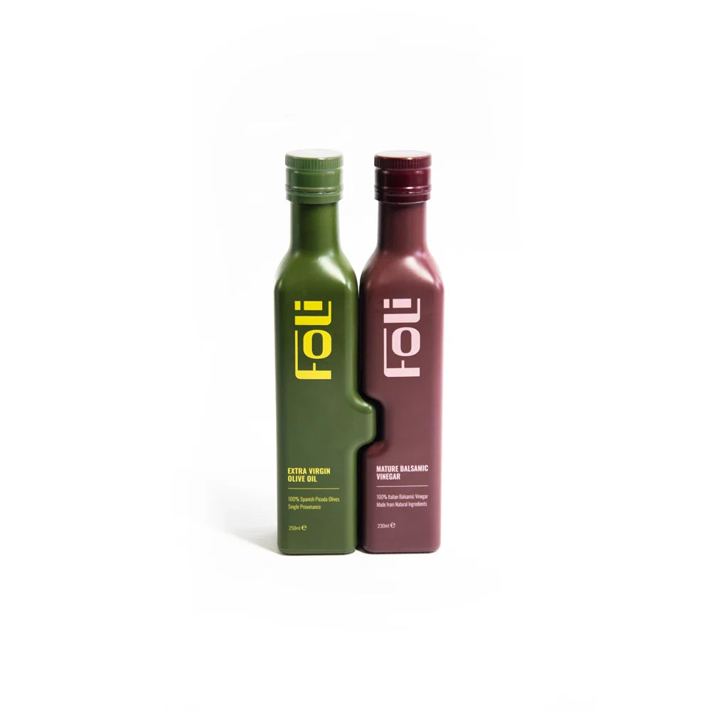 Two bottles of FOLI olive oil and vinegar on a white background