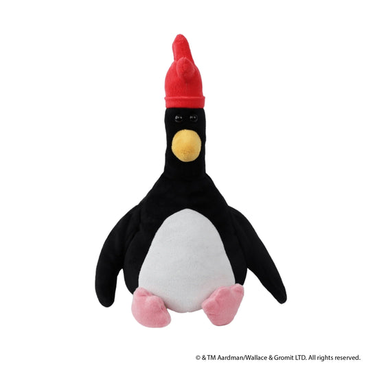 Plush toy hottie penguin with a red hat on a white background