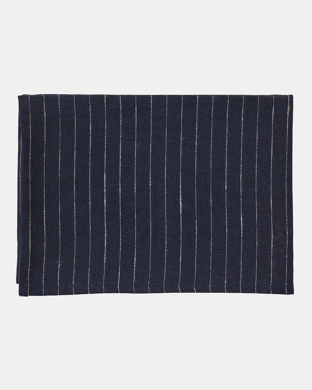 Navy blue fabric with white pinstripes on a light gray background