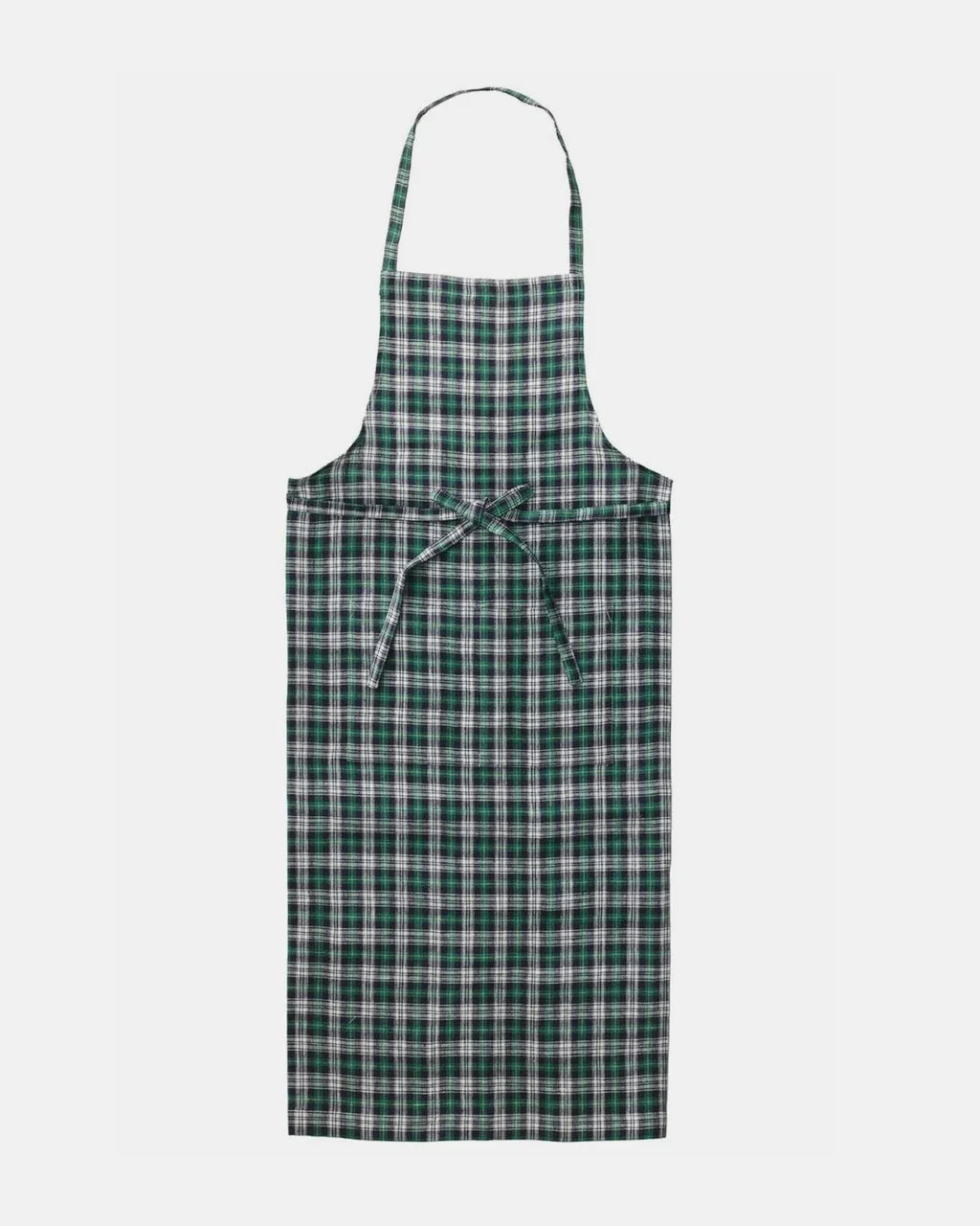 A green and white plaid apron with a neck strap and waist tie, shown flat against a light gray background.