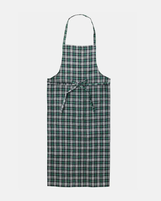 A green and white plaid apron with a neck strap and waist tie, shown flat against a light gray background.