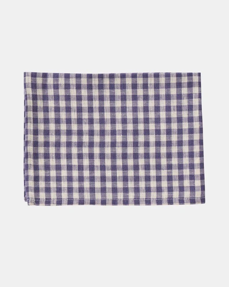 Gingham tea towe in cream and purple colours on a whte background 