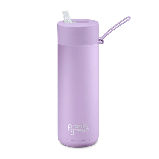 Purple water bottle with straw lid on a white background, featuring the brand 'frank green'.