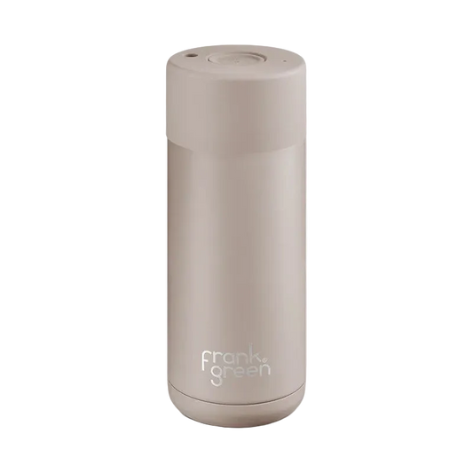 Beige reusable coffee cup with 'frank green' branding on a white background
