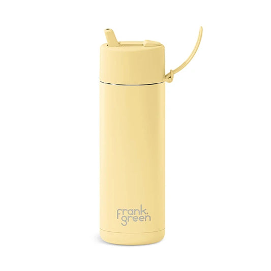 A pale yellow Frank Green vacuum-insulated water bottle with a flip-top lid and carrying loop, shown on a plain white background.