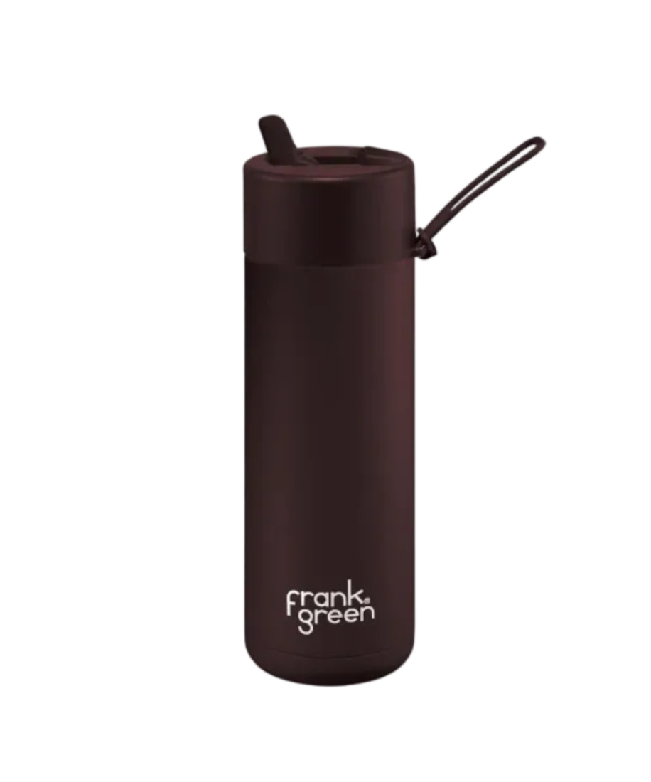 A dark brown insulated travel tumbler with a matching lid, featuring a small black carrying loop and the white 'frank green' logo near the bottom, set against a plain white background.