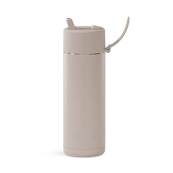 A minimalist, matte beige vacuum-insulated water bottle with a matching beige flip-top lid and carrying loop, featuring the 'frank green' logo near the base, set against a plain white background.