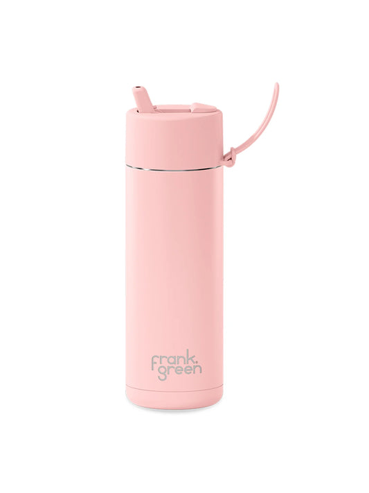 A light pink vacuum-insulated travel tumbler with a flip-top lid and carrying loop, featuring the 'frank green' logo near the bottom, shown on a plain white background.