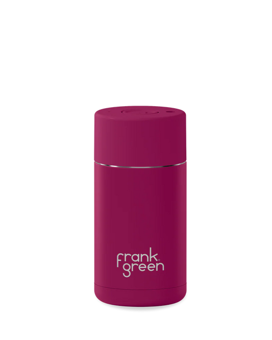 A magenta pink vacuum insulated travel bottle by Frank Green, featuring a matching screw-on lid and white printed brand logo on the front, set against a plain white background.