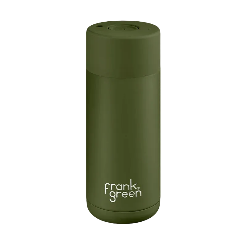 An olive green vacuum insulated travel tumbler with the 'frank green' logo printed in white near the bottom, set against a plain white background.
