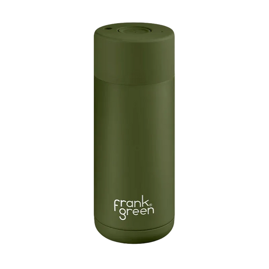 An olive green vacuum insulated travel tumbler with the 'frank green' logo printed in white near the bottom, set against a plain white background.