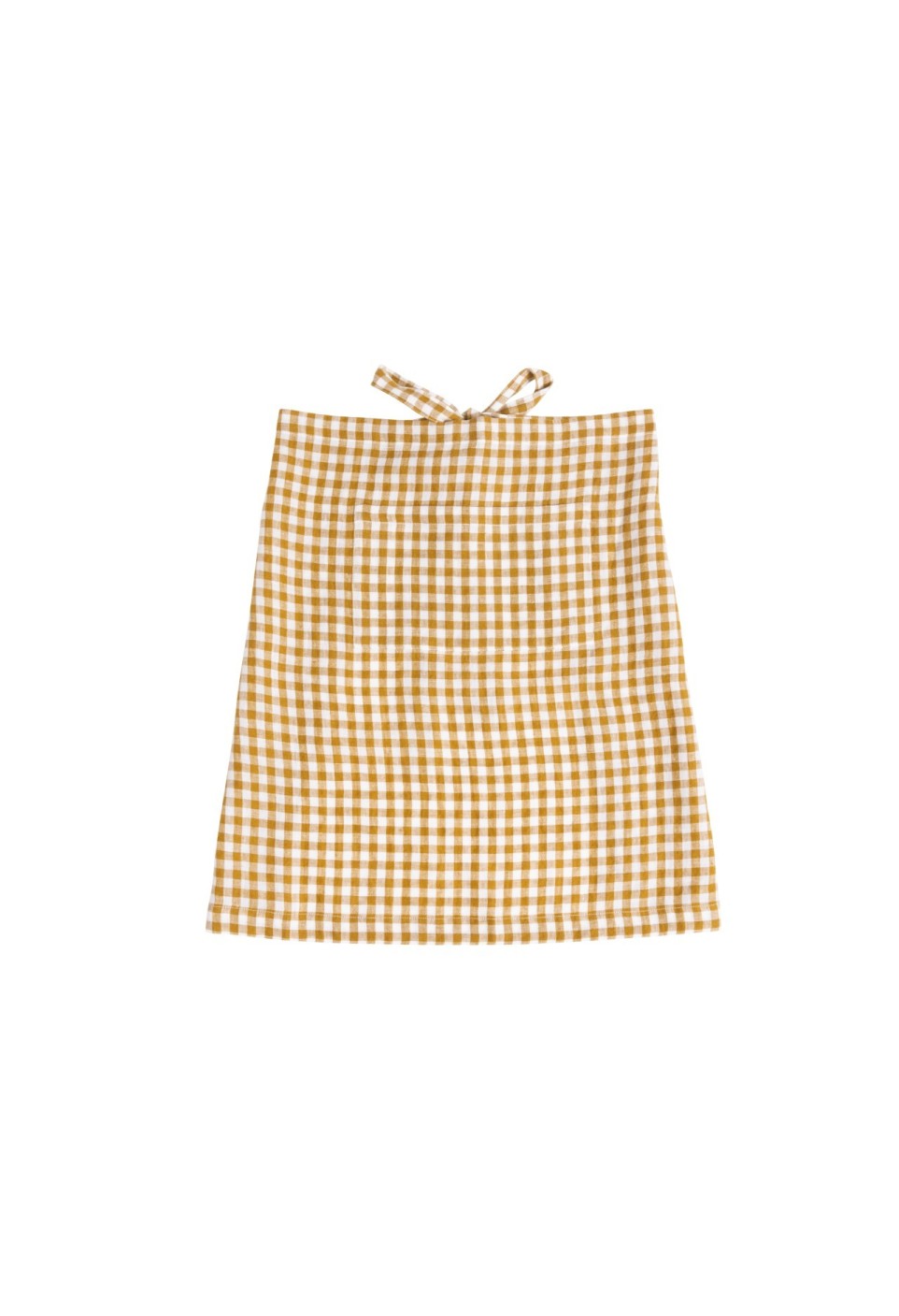 A yellow and white gingham checkered apron with tie straps, shown flat against a solid white background.