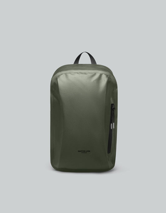 Gaston Luga Lightweight Duo-Seal Backpack 14" in Olive colour on a grey background 