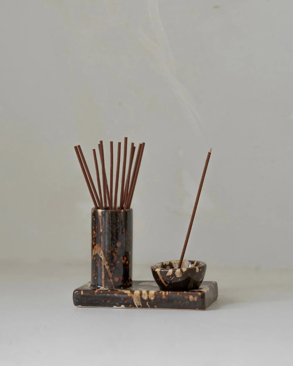 Gentle Habits Ceramic Incense Caddy in Chocolate colou on a clear background 
