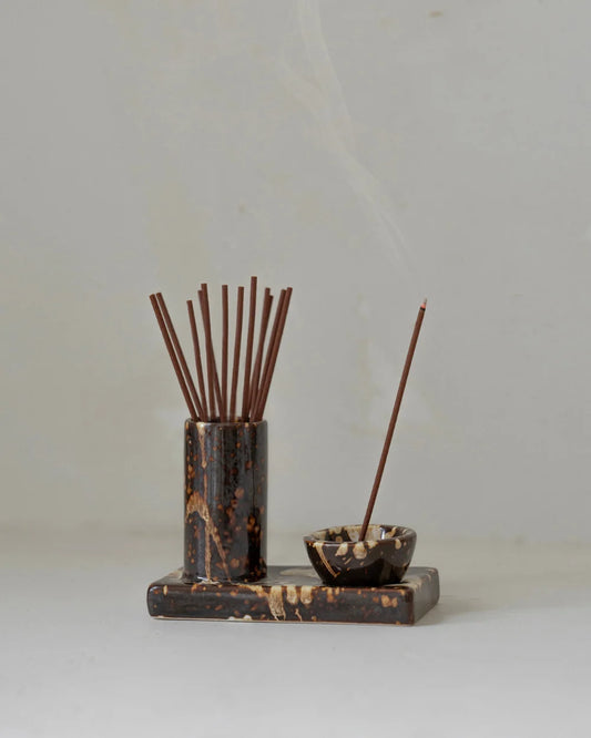 Gentle Habits Ceramic Incense Caddy in Chocolate colou on a clear background 