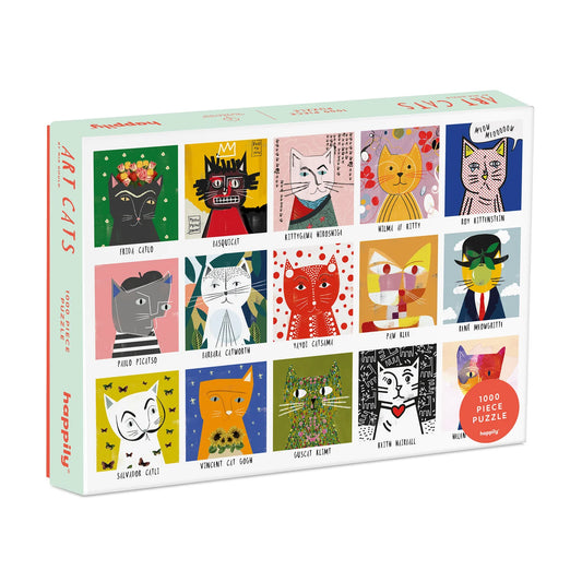Box of 'Art Cats' puzzle with colorful cat illustrations on a white background