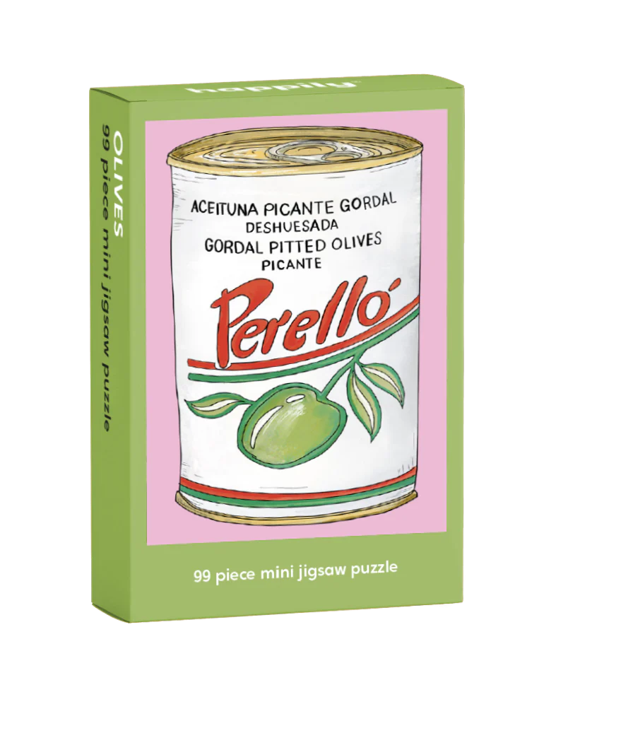 Perello olives puzzle box with green and pink design