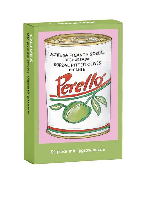 Perello olives puzzle box with green and pink design