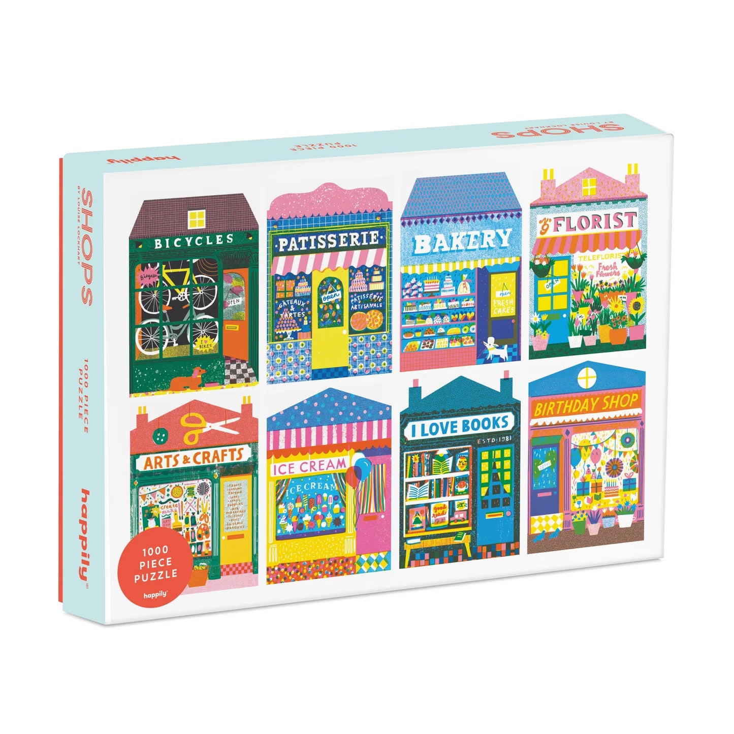 Puzzle box with colorful illustrations of various shops on a light blue background