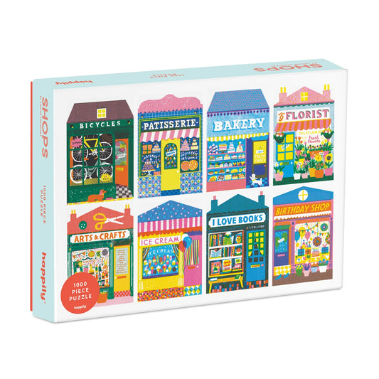 Puzzle box with colorful illustrations of various shops on a light blue background