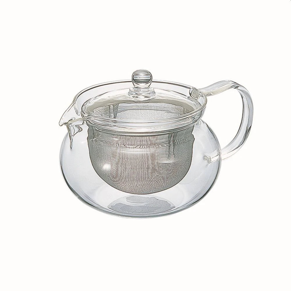 Clear glass teapot with metal filter on a white background