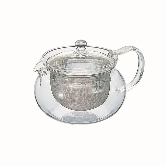 Clear glass teapot with metal filter on a white background