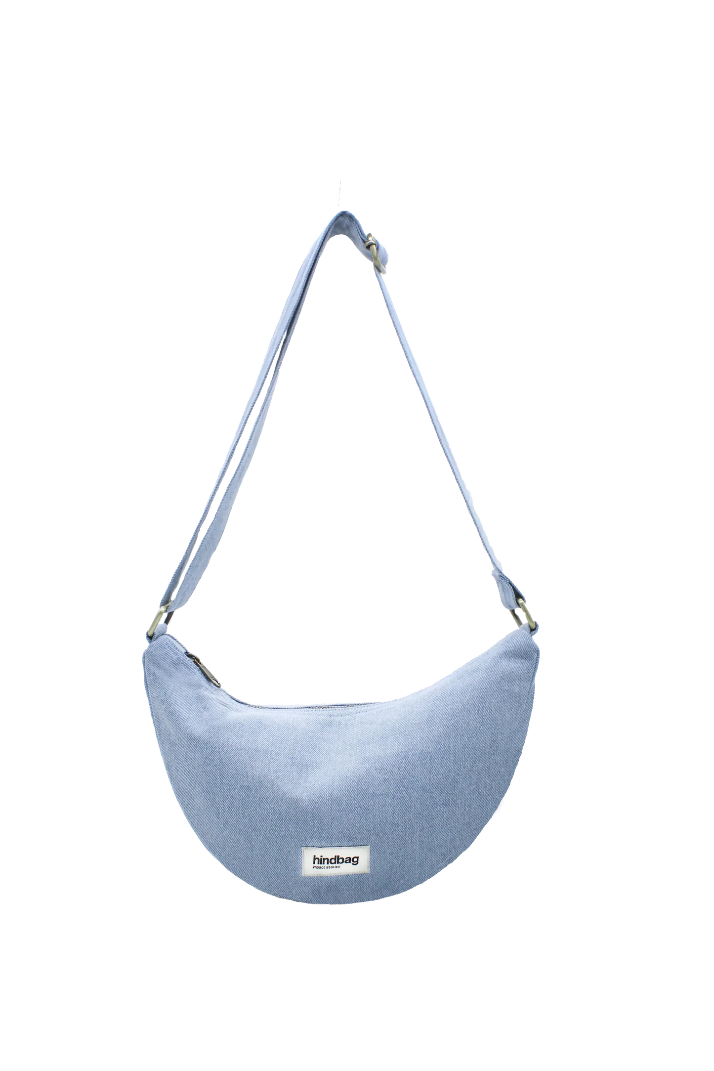 Blue denim crossbody bag on a white background
