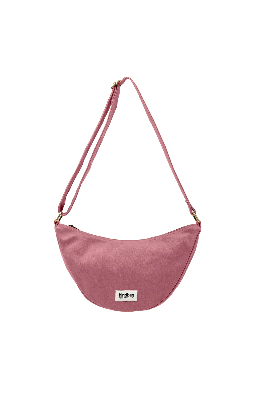 Pink cotton crossbody bag with a visible brand label on a white background