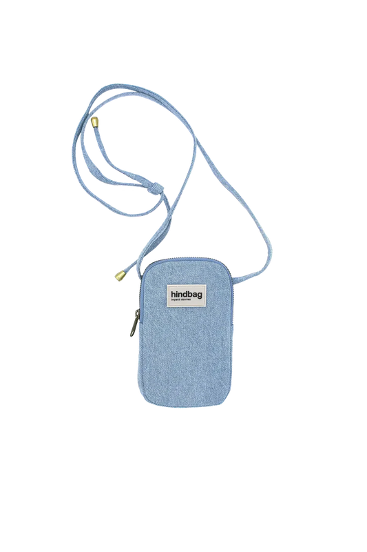 Blue crossbody bag with a visible brand label on a white background