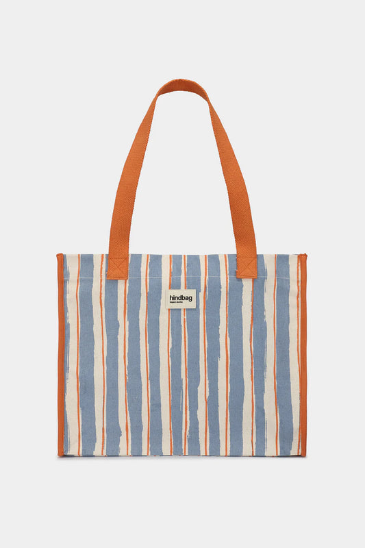 Striped tote bag with orange handle on a white background