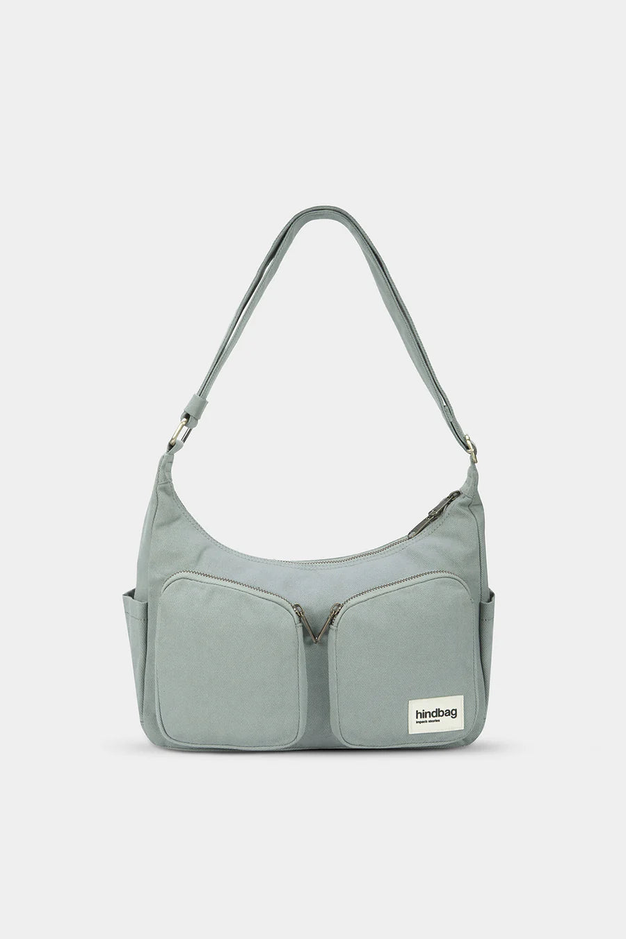 Gray shoulder bag with a visible brand label on a light gray background