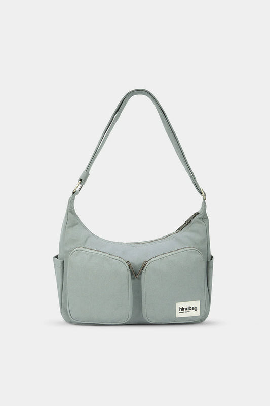 Gray shoulder bag with a visible brand label on a light gray background