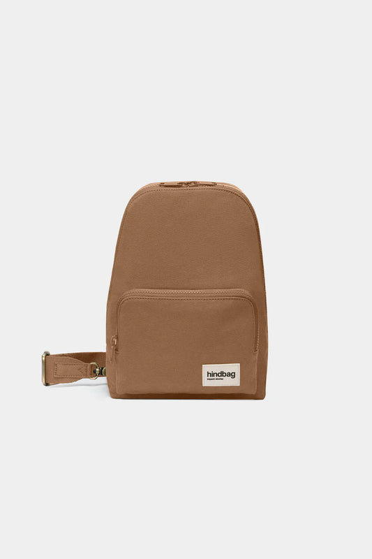 Brown crossbody bag with a visible brand label on a white background