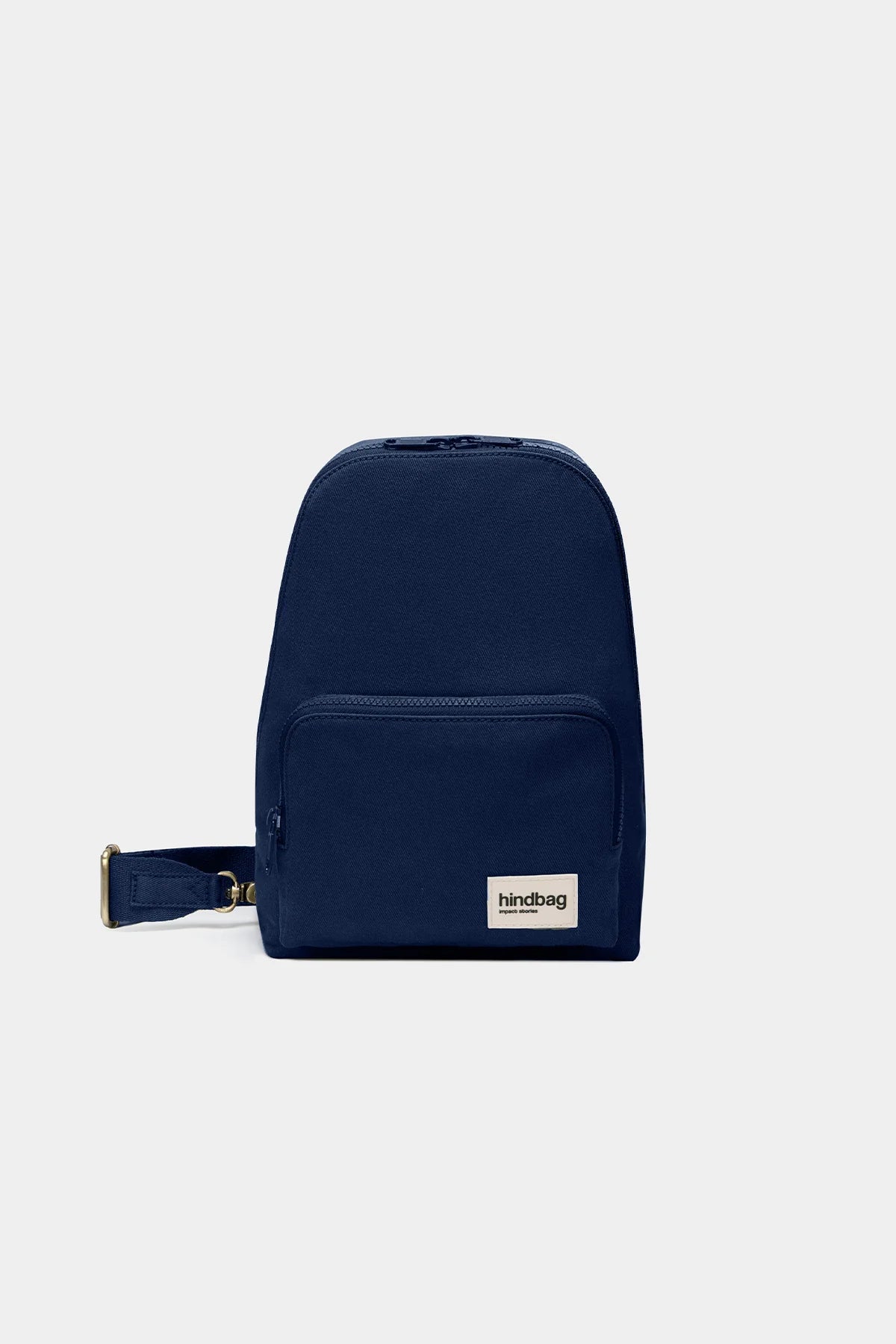 Navy blue backpack with a visible brand label on a light gray background