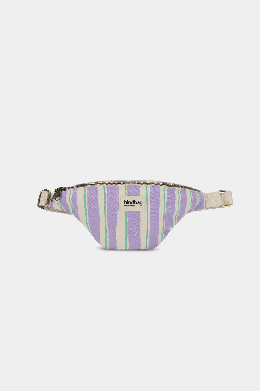 Striped waist bag with a visible brand name on a white background