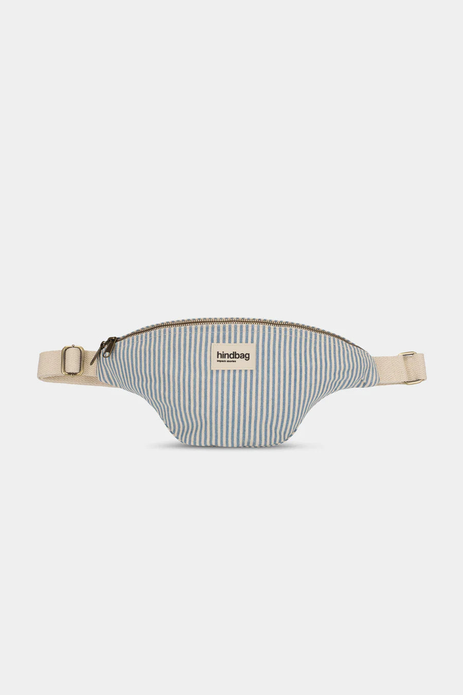 Striped waist bag with a visible brand label on a white background