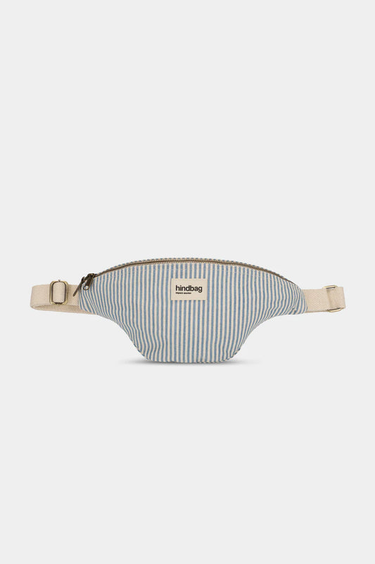 Striped waist bag with a visible brand label on a white background
