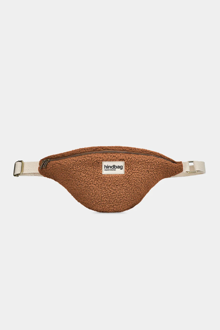 Brown waist bag with a visible brand label on a white background