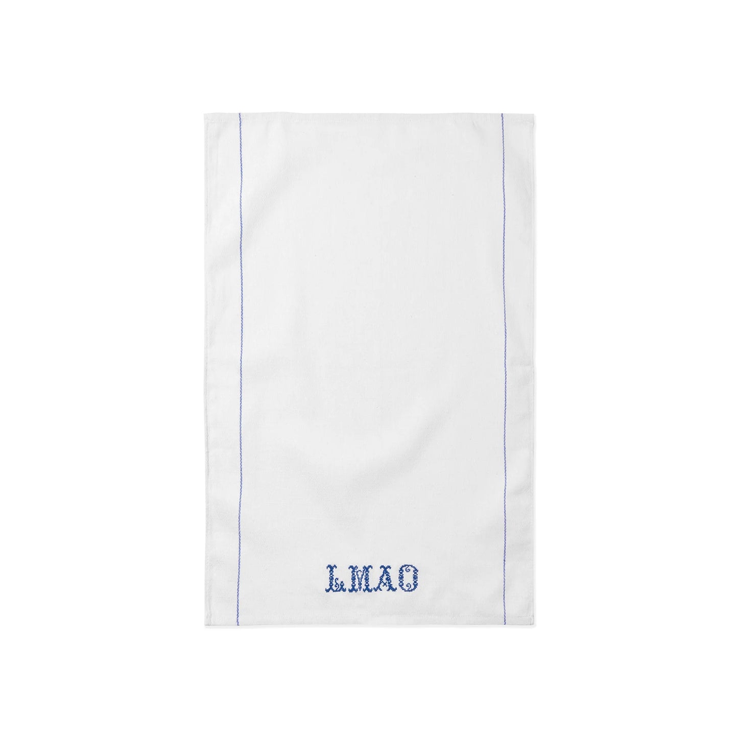 Host Home White LMAO Embroidered Tea Towel in white and blue details on a white background 