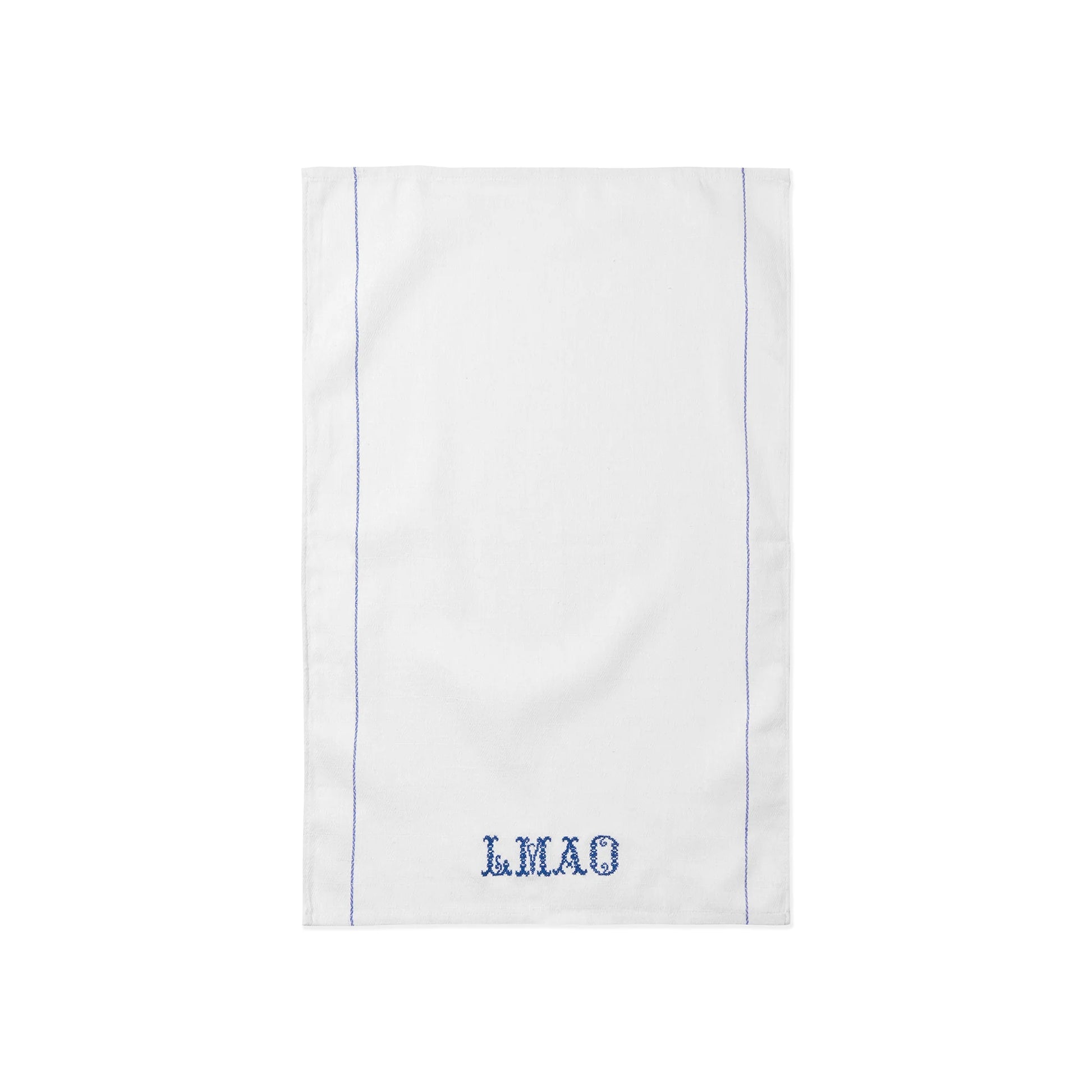 Host Home White LMAO Embroidered Tea Towel in white and blue details on a white background 