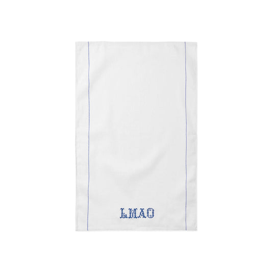 Host Home White LMAO Embroidered Tea Towel in white and blue details on a white background 