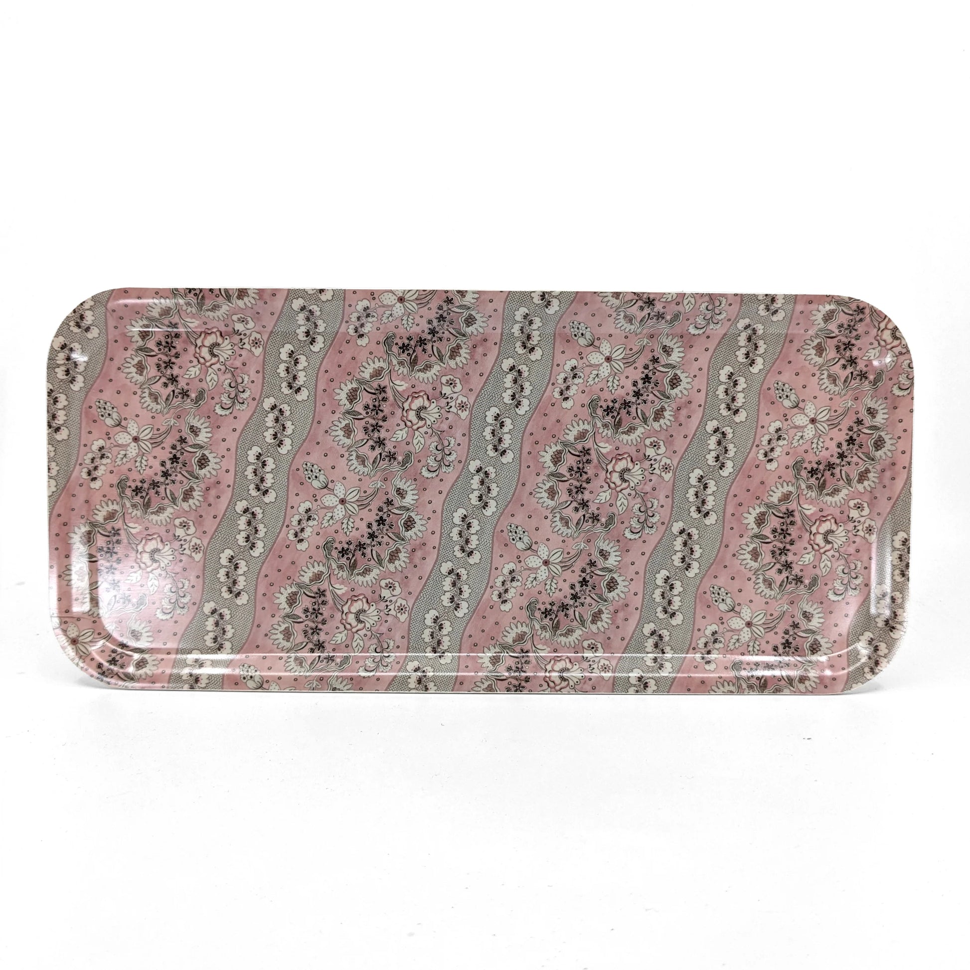 Host Home Narrow Birch Wood Tray in multicolour grey and pink floral pattern on a white background