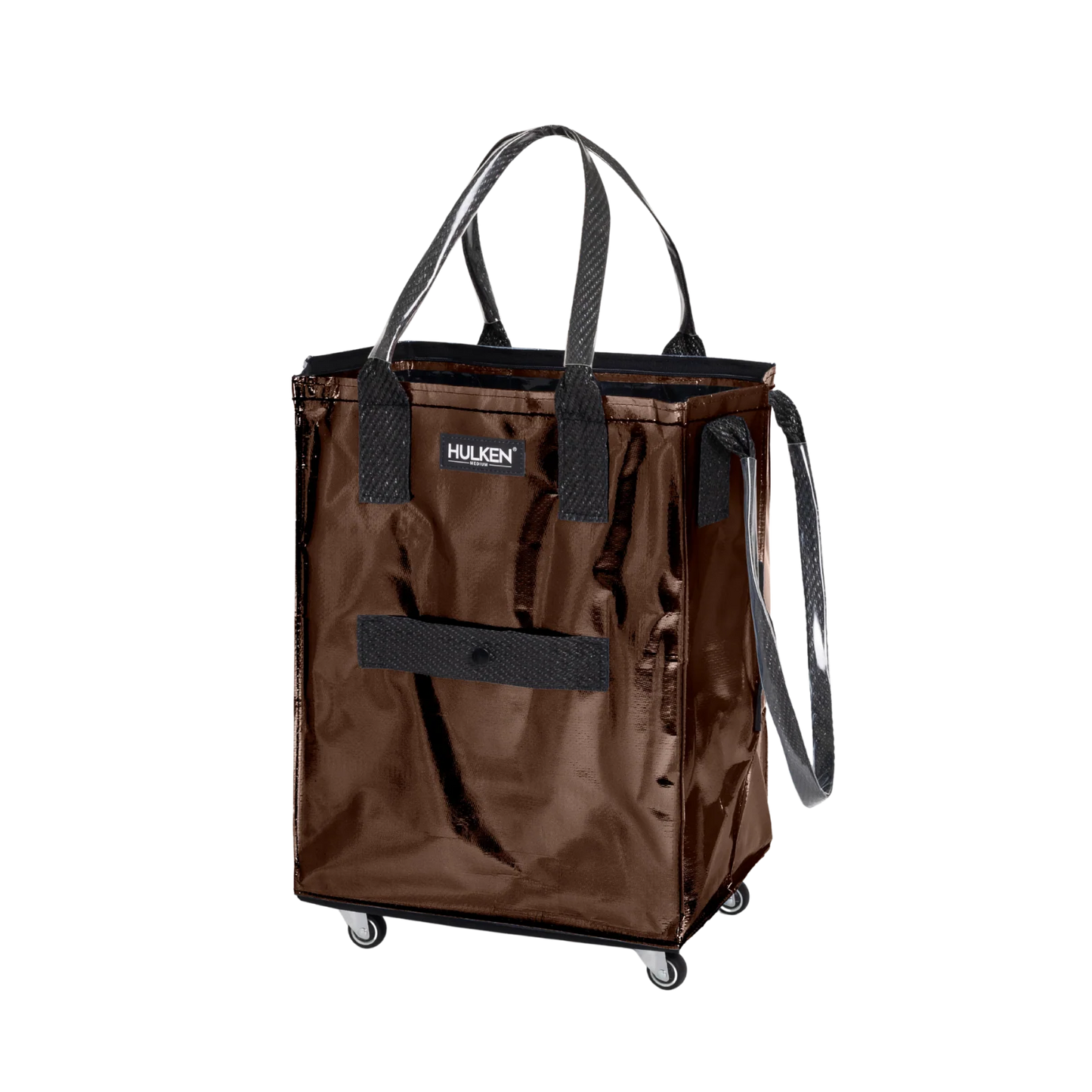 Brown shopping tote/cart with black handles and wheels on a white background