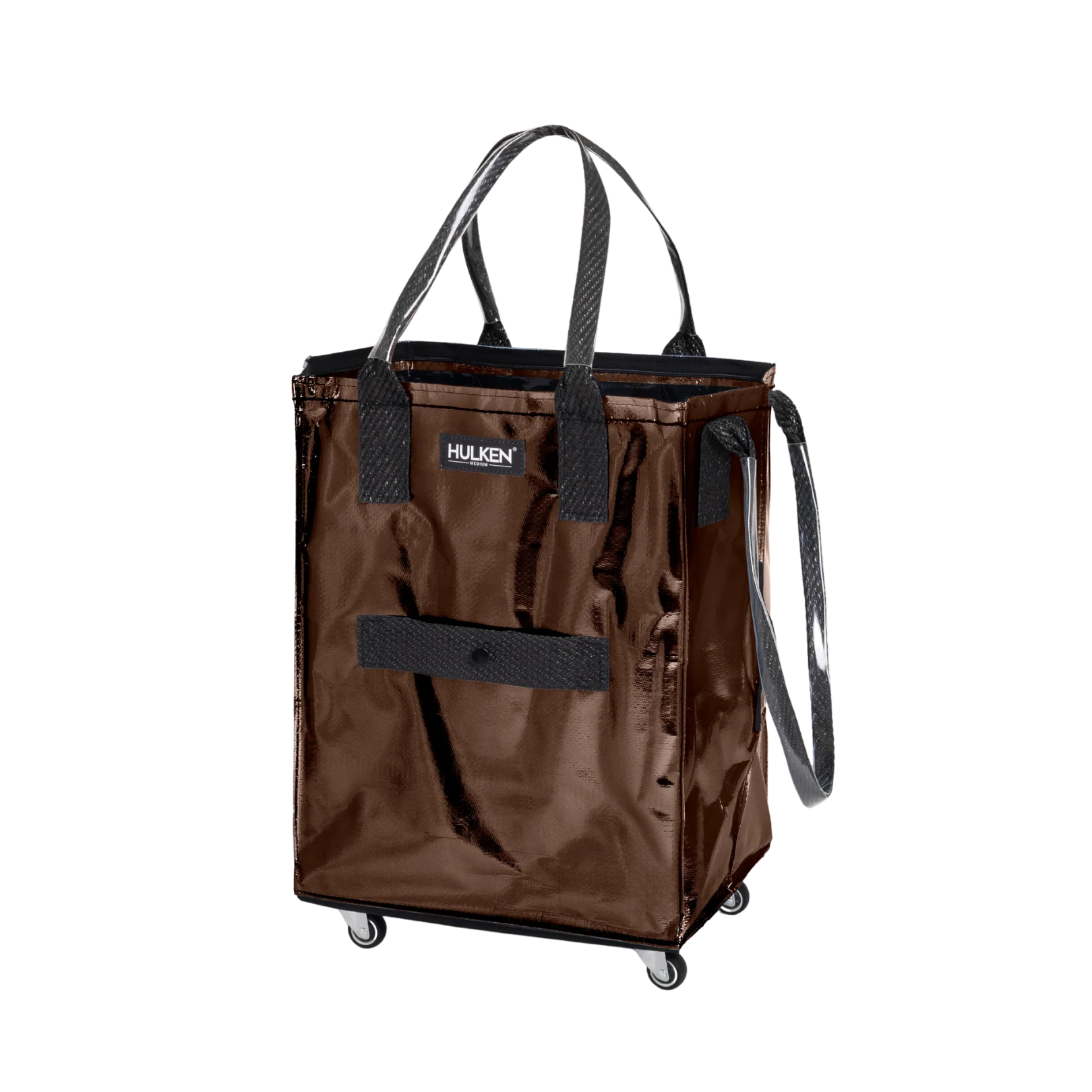 Brown shopping tote/cart with black handles and wheels on a white background